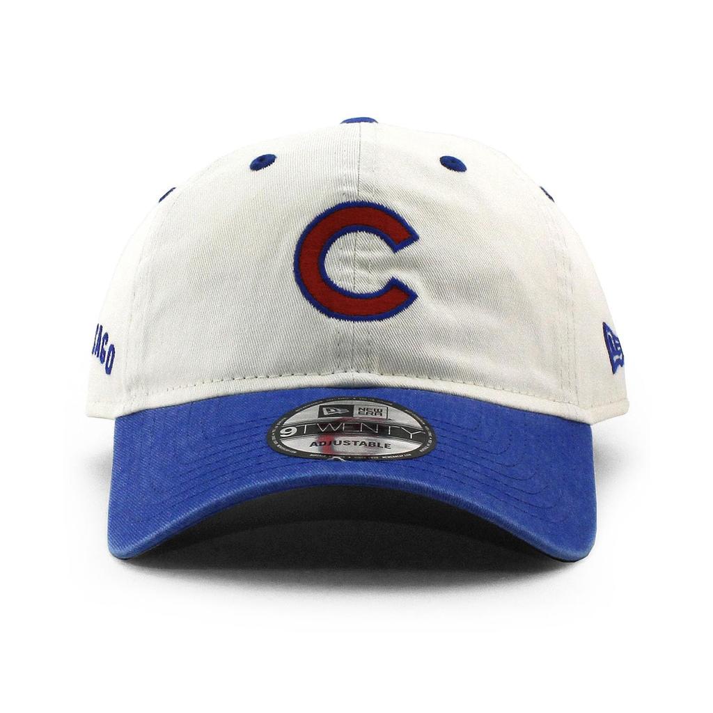 New Era 9TWENTY Strapback Chicago Cubs MLB Classic Sidescript Strapback Cap In Low Cream. Profile.