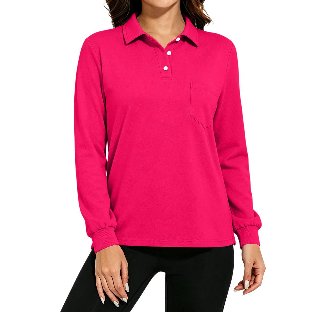 Women's Long Sleeve Button Down Color Blouse with Pockets and Side Slits Casual Collared Top
