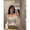 Sexy U-neck White T-shirt with Sexy Collarbone Exposed, Female Spring and Autumn Hot Girl Tight Inner Top with Long Sleeve Base Shirt