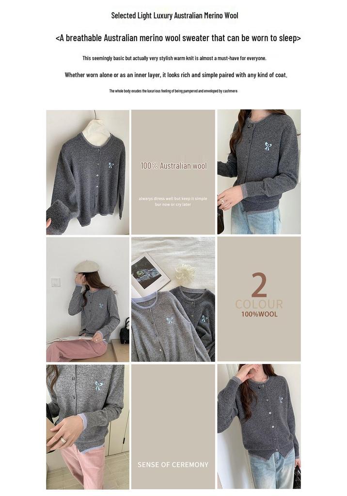 Women's Wool Cardigan: Round Neck Color Block, Embroidered Two-Piece Coco Style Sweater
