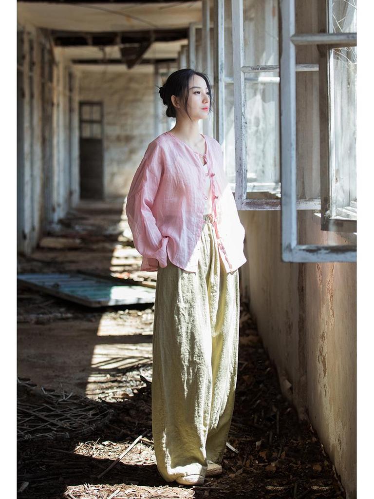 Ramie Cotton Women's Loose Casual Sand Wash Pants - Spring 25 Linen Straight Leg Long Pants 