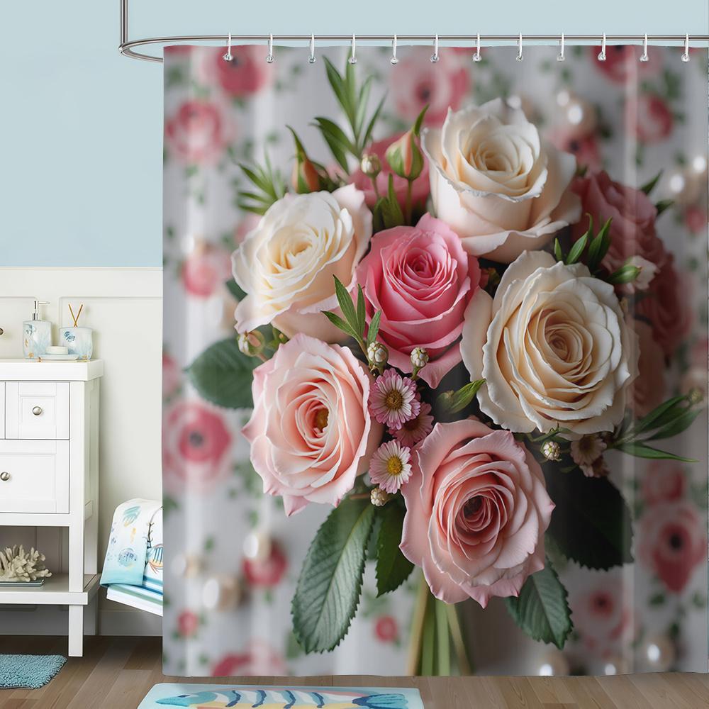1 Pink and White Rose Floral Pattern Printed Shower Curtain, an Elegant and Romantic Home - Decor Shower Curtain, with 12 Hooks,
