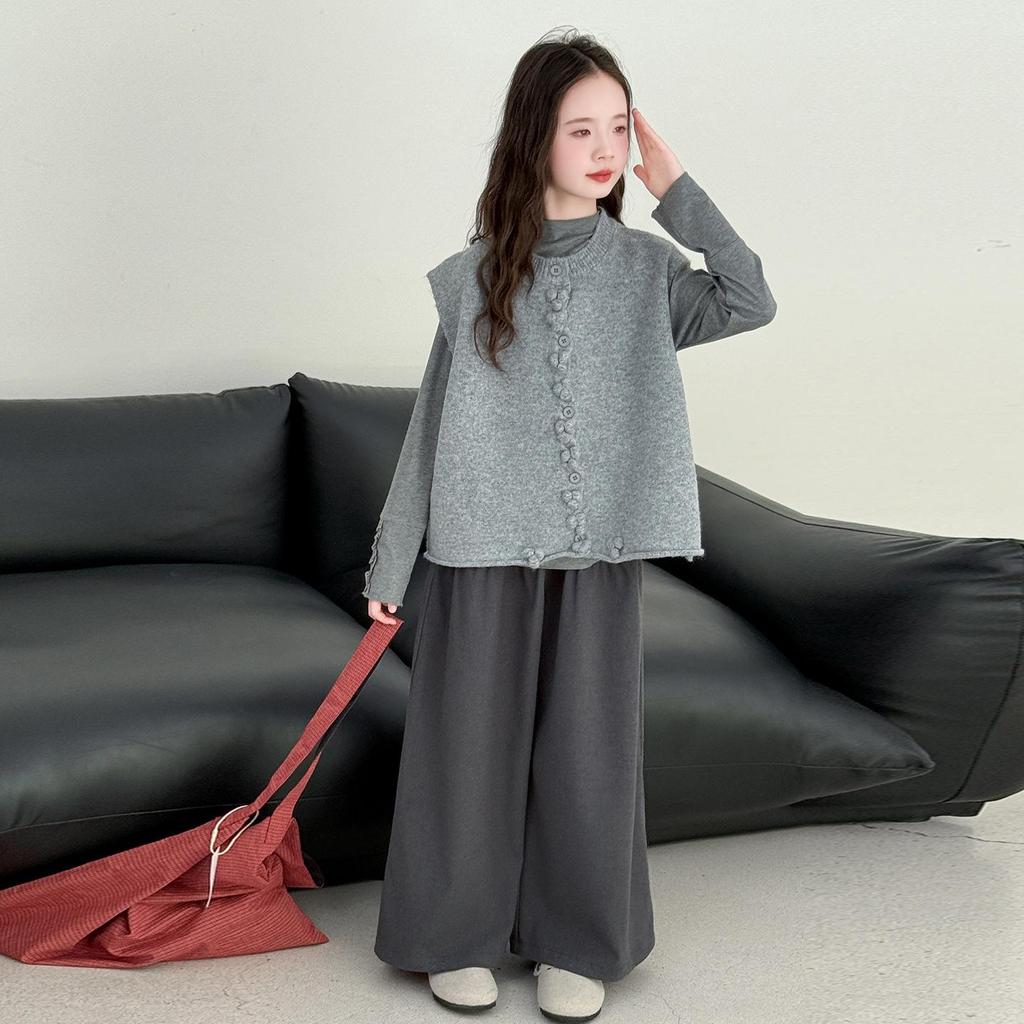 Dziewczęcy jesienny zestaw modowy trzyczęściowy w stylu koreańskim 2025 – stylowy strój casualowy dla dużych dziewczynek