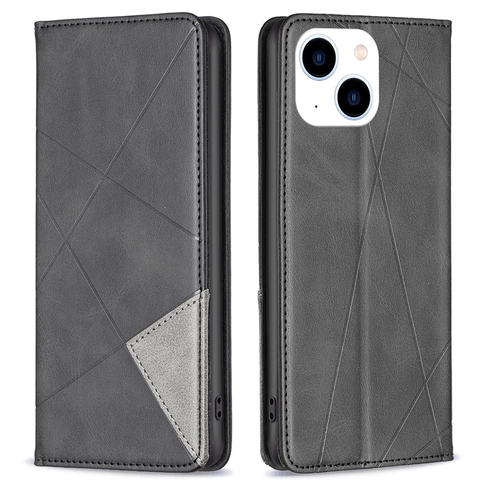 

For iPhone 15 Card Holder Shell Imprinted Line Cell Phone Case Stand Leather Phone Cover Black