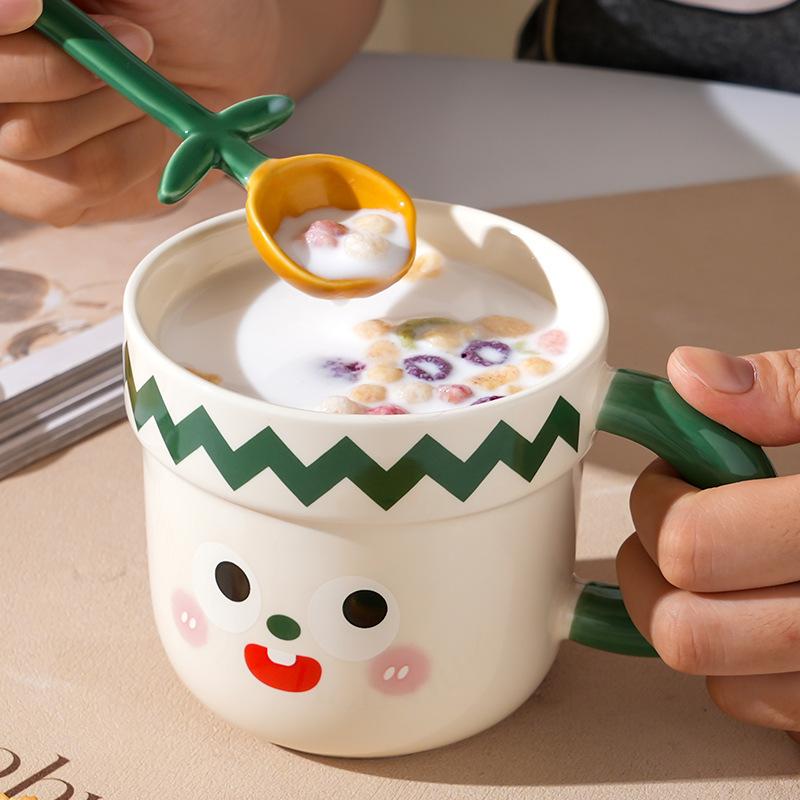 Small Flower Expression Cute Cartoon Ceramic Cup with Cover Spoon with High Appearance Single Cup Girl Couple Mug Small Gift