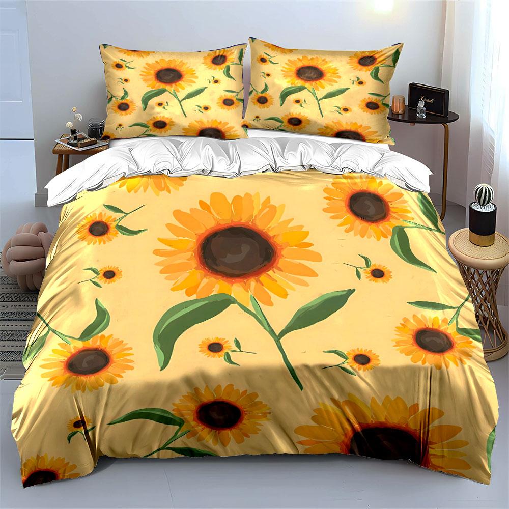 Sunflower Pattern Home Decoration Set Bedding Set with 1 Duvet Cover 2 Pillowcases Single Double King Queen, Gift