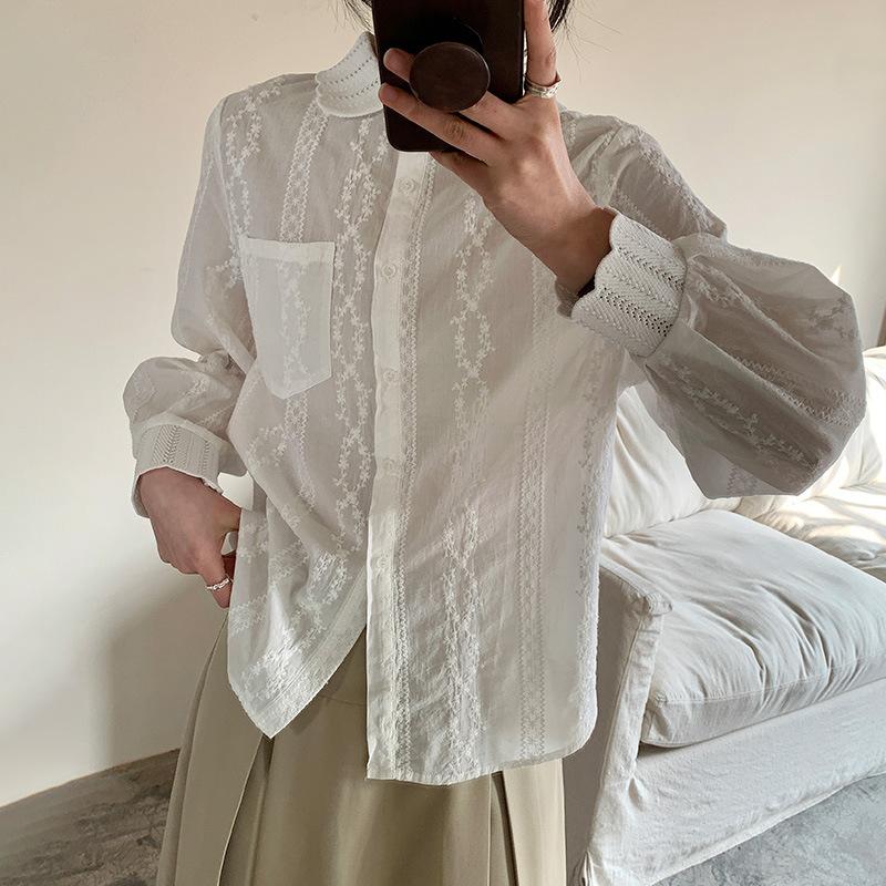 

White Shirt Women s Long-sleeved Spring Clothes New Pure Cotton Embroidered Top Temperament Lady Lantern Sleeve Shirt XXL абрикосовий