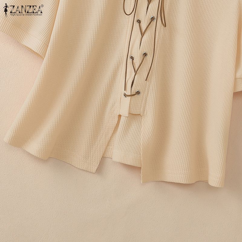 ZANZEA Women Casual Turn Down Collar Lace-up Loose Short Sleeve Blouse