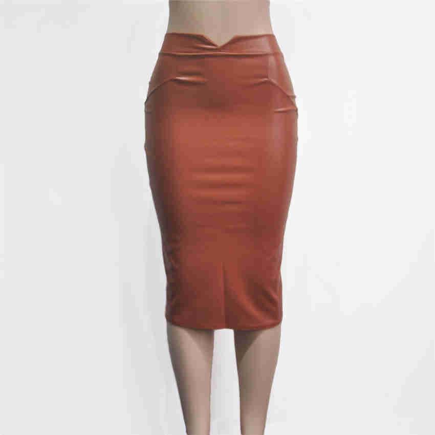 Autumn Winter Females Skirt Sexy Package Hip High Waist Faux Leather Party Office Midi Skirts