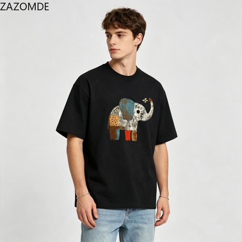 ZAZOMDE Trendy Simple Front Print Tshirt Retro Hand Drawn Color Block Elephant Short Sleeve Loose Unisex Summer Street Tees