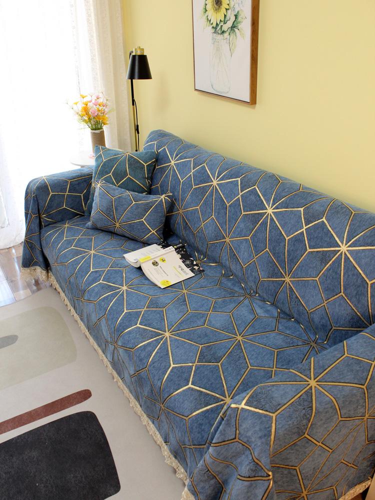 Luxury Sofa Cover for Living Room, Chenille Fabric, Geometric Pattern, Towel with Lace Hemline, Dustproof, Antiscratch Slipcover