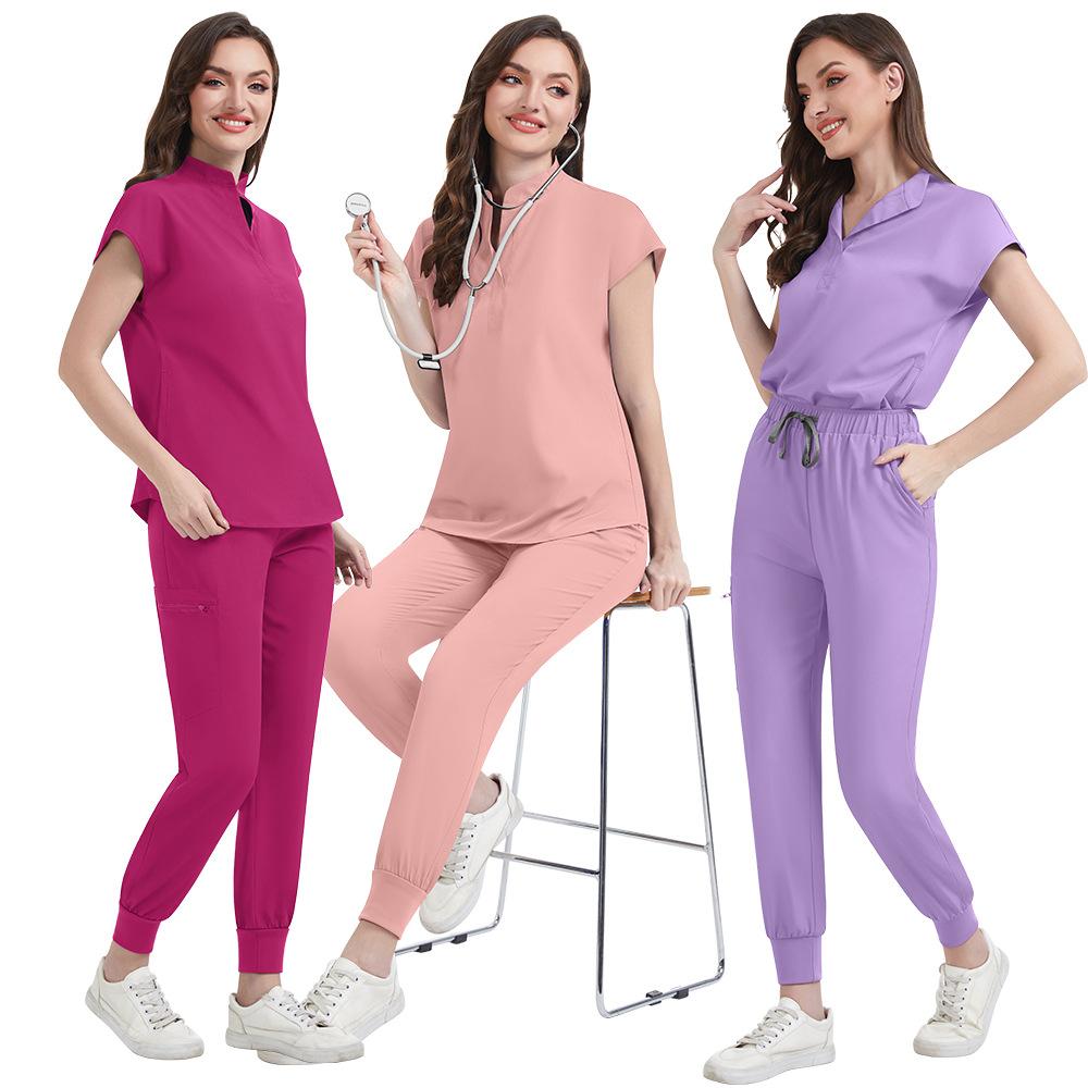 Women's Loose and Comfortable V-neck Short Sleeved Workwear with Multiple Pockets and Beauty Suit Set