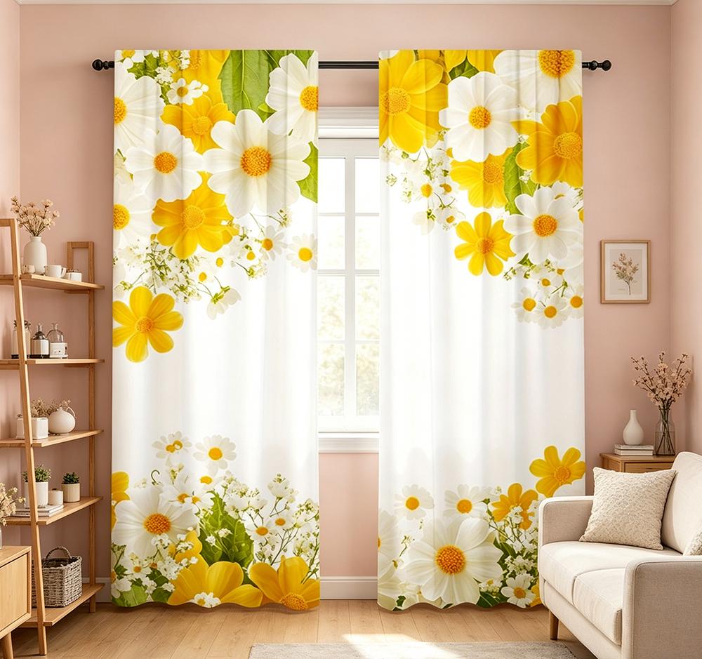 2PCS Digital Printed Curtains, Summer Daisy Floral White Yellow Flowers, Window Curtains for Living Room Bedroom Home Decoration