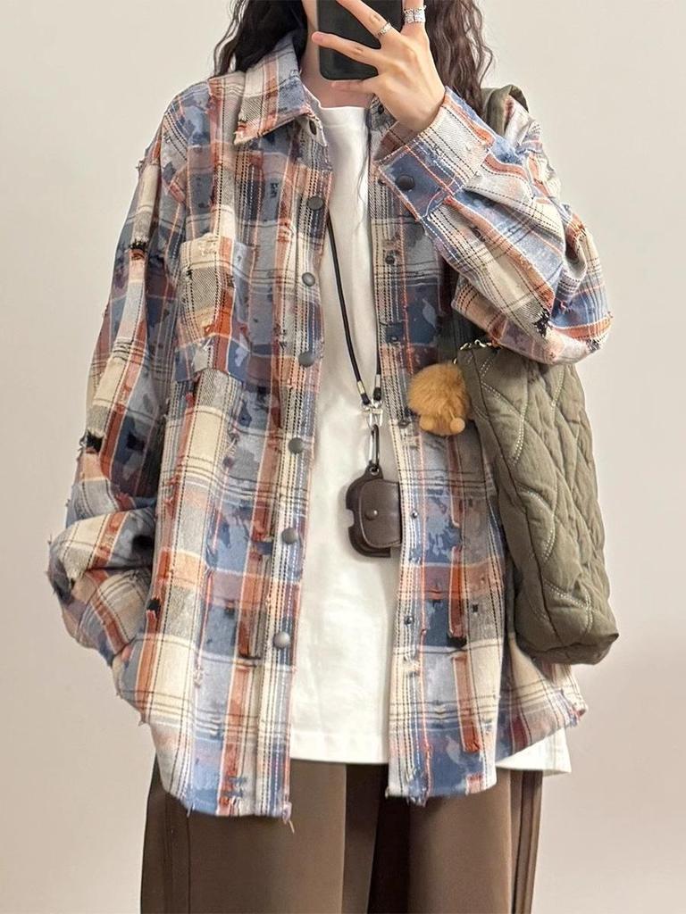 Camicia da Donna Autunno 2025 Retrò Tie-Dye a Quadri a Maniche Lunghe con Quattro Bottoni