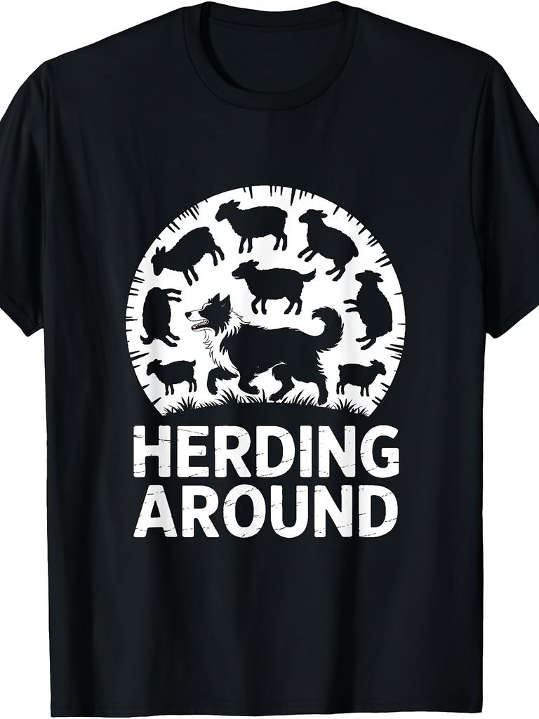 Men's Retro Sheep Dog T-Shirt - Funny Herding Graphic with Sheep & Dog Silhouette, Casual Round Neck Tee Suitable for - Wear, Machine Washable for Dai