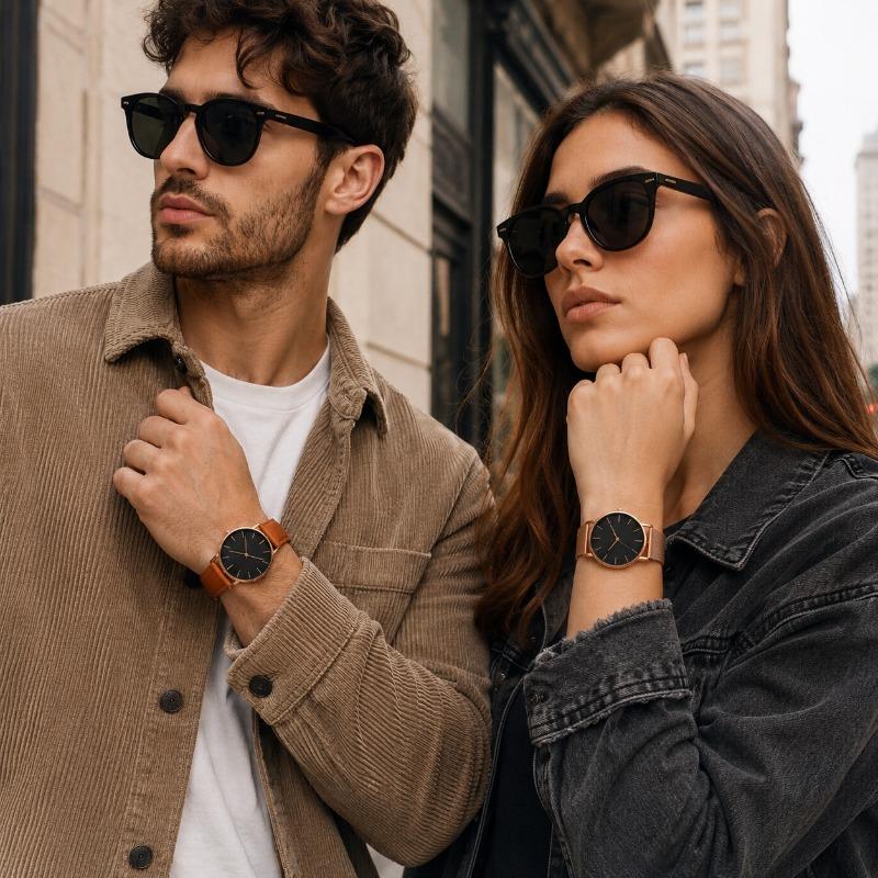 2Pcs Minimalist Lovers Watch Set Slim Round Dial Mesh & Leather Strap Quartz Wrist Watch Elegant Daily Business Couple Watch