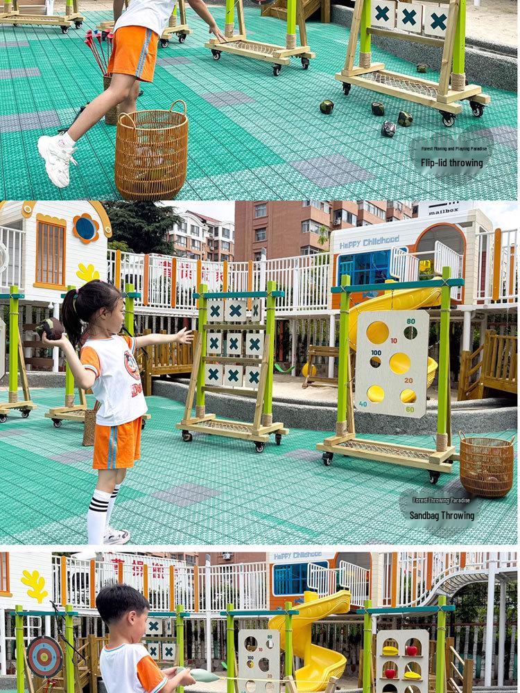 Kids Outdoor Toy Set: Wooden Basketball Hoop, Ring Toss, Sandbags, Bow & Arrow for Sensory Play