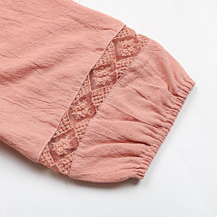 Women Casual Summer Short Sleeve V Neck Blouse Shirt Pink Cotton Linen