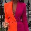 Lapel Long Sleeve Pockets Mid-Length Fashion Blazer Autumn Winter Sequins Contrast Color Stitching