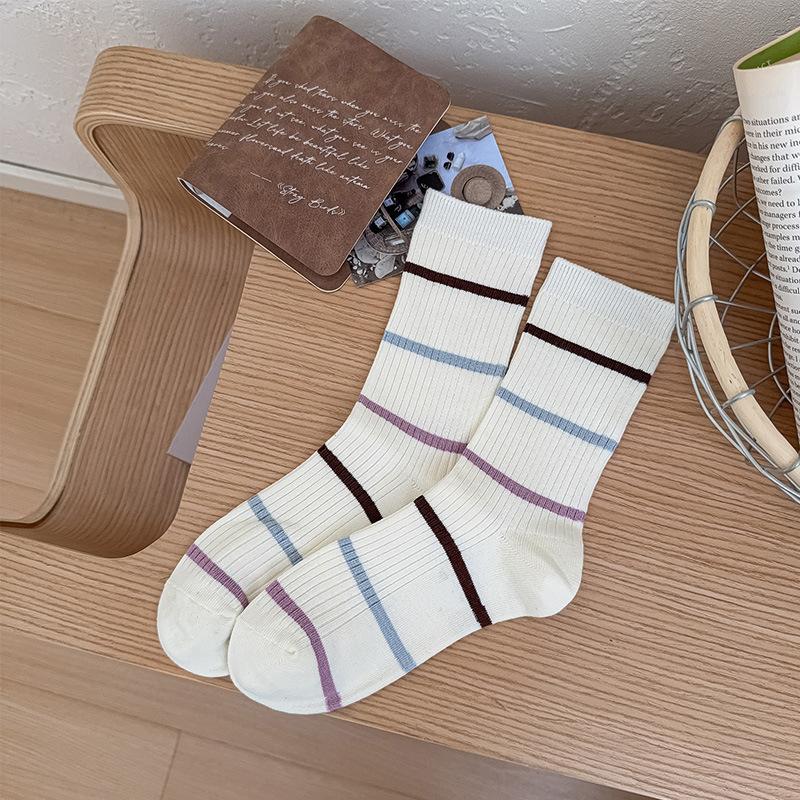 Wind Outfit Blogger Same Double-Needle Contrast Striped Socks Mid-Leg Socks Simple And Versatile Socks