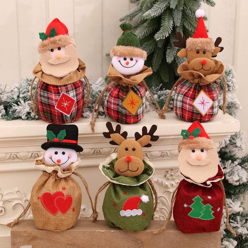 Festive 3D Burlap Apple Bag with Bells - Drawstring Gift & Candy Bag