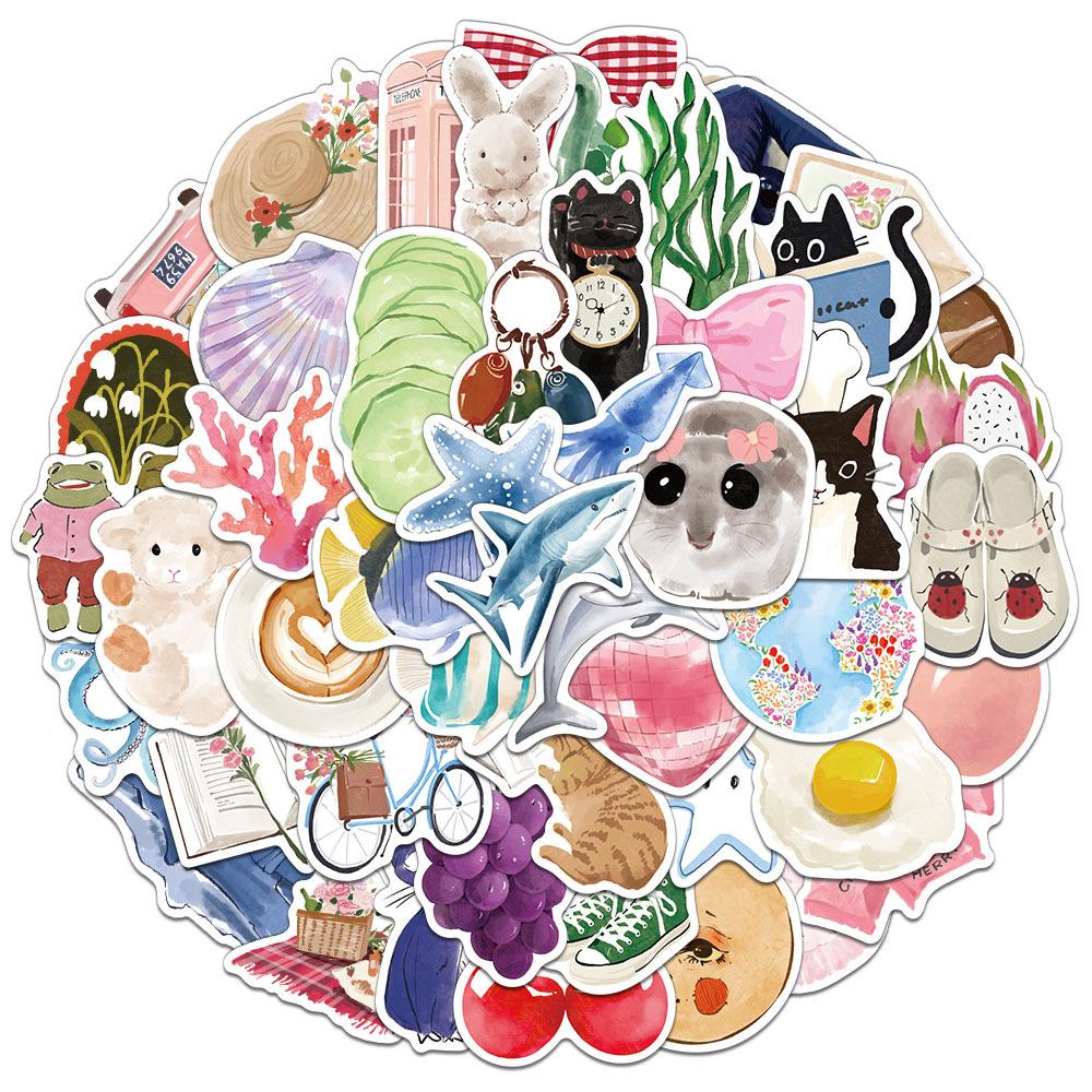10/30/50/100pcs INS Style Watercolor Cartoon Stickers Aesthetic Decals Waterproof Decorative Scrapbook Phone Cute Sticker Gifts