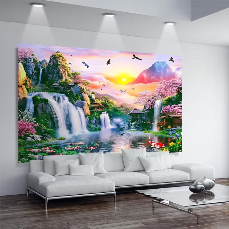 2D Sunrise Mountain Waterfall Backdrop, Japanese Garden Koi Fish Party & Studio Background