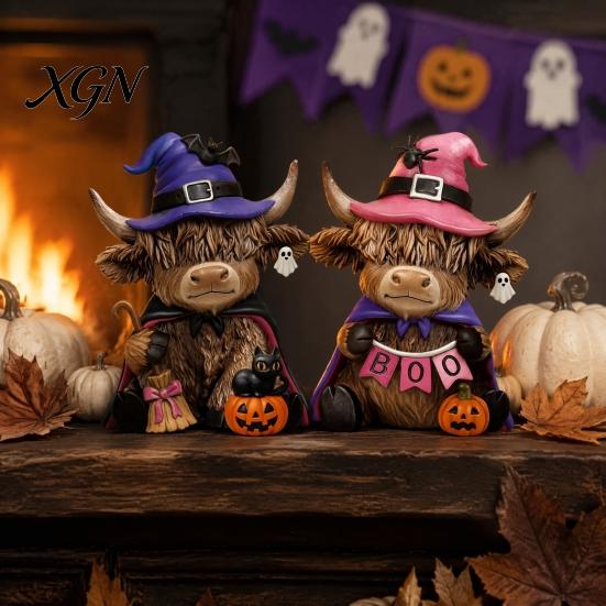 Halloween Table Decorations 2 Pcs Highland Cow Figurines, Boo Pumpkin Ghost Statue with Decorative Figurines Witch Hat, Wooden Scottish Ornament