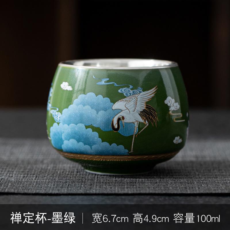 Enamel Crane 999 Pure Silver Inner Liner Tasting Kung Fu Tea Cup Gift Box Set Can Be Gold Stamped with LOGO