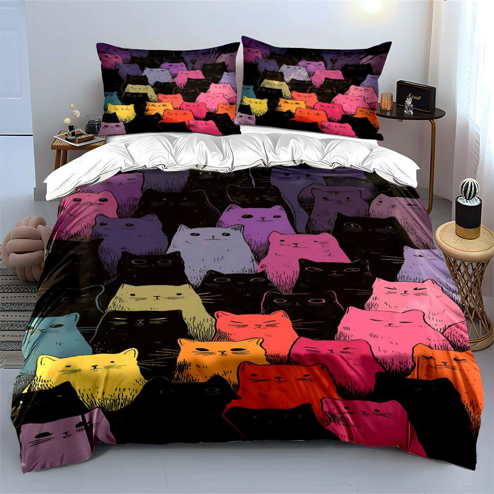Colorful Cat Pattern Design Bedding Duvet Cover Set Duvet Cover Pillowcases (1*Duvet Cover 2*Pillowcases, Without Duvet Insert)