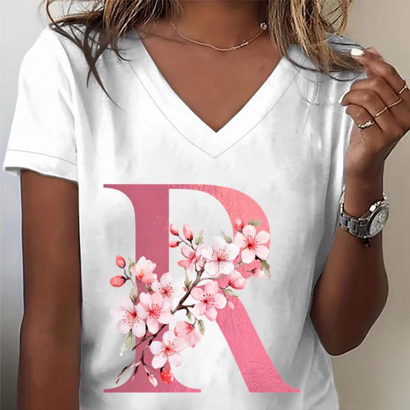 Pink Sakura Alphabet Graphic T Shirts Unisex Az 26 Alphabet Pink Flower Cartoon Tshirts Cherry Blossom Letters C Casual Tops