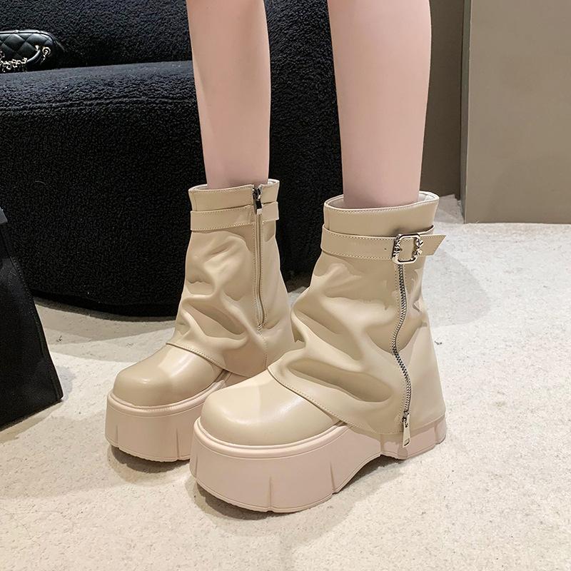 Thick-soled Trouser Boots Women's Winter New British Style Fashion Belt Buckle High Heel Small Short Boots