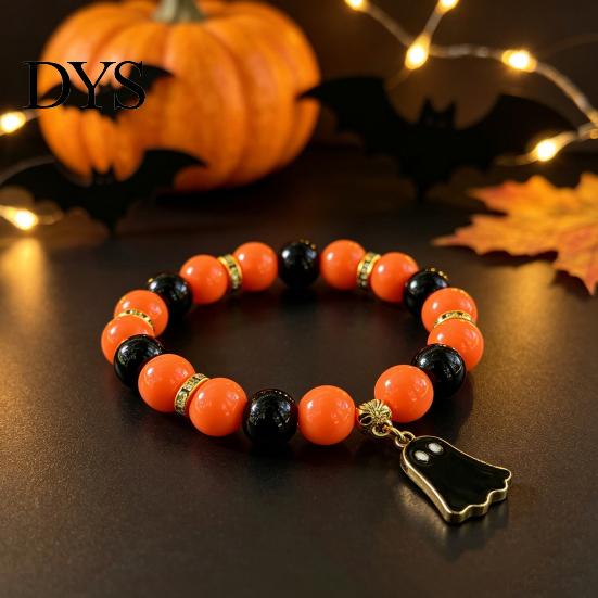 Festive Ghost Charm Jewelry Halloween Beaded Bracelet for Women, Orange Black Beads Stretch Versatile Stackable Bead Bracelets with Charm, Holiday