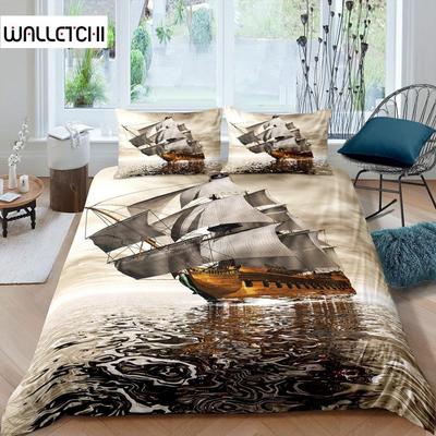 Yelkenli Yorgan Kılıfı Seti Mikrofiber Denizci Dekoru Kraliçe Retro Korsan Yelkenli Yorgan Kılıfı Gün Batımı Deniz Desenli Yatak Takımı