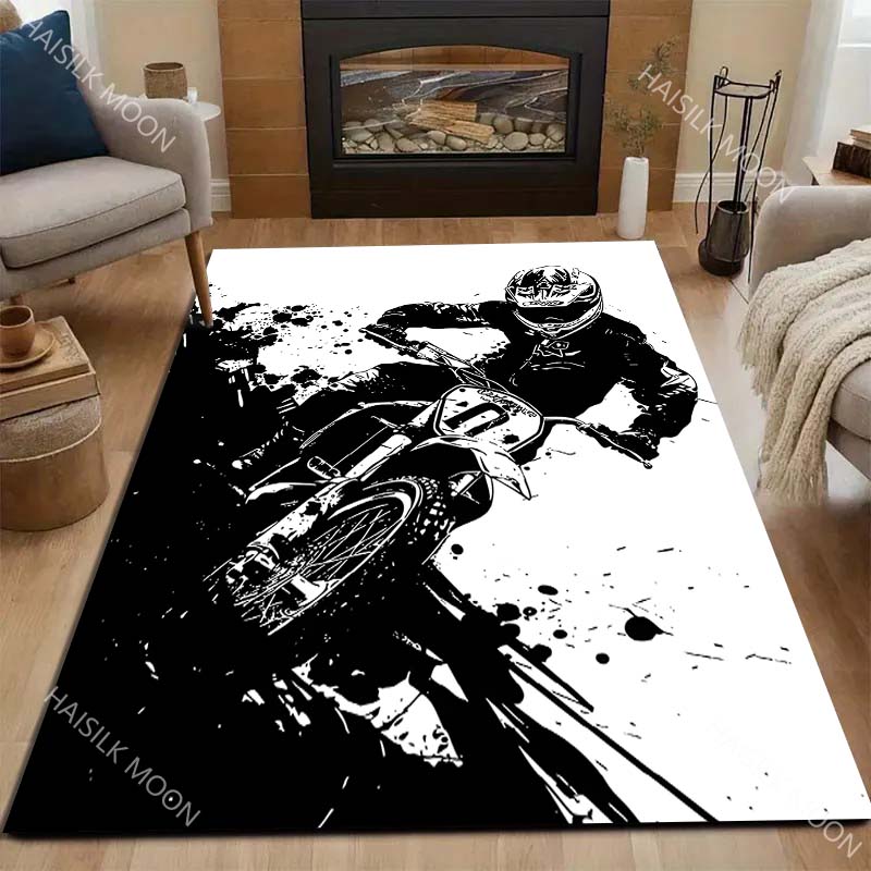 1PC Black and white motocross cornering Print Carpet for Living Room Bedroom Sofa Home Decor Rus Non-slip Floor Mat Luxury Gift