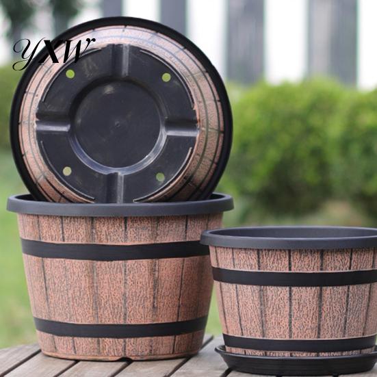 Large Plastic Flowerpot for Plants Rustic Barrel Style Plant Pots with Built-In Drainage Holes 8" Brown Plastic-Inspired Wood Finish Planter
