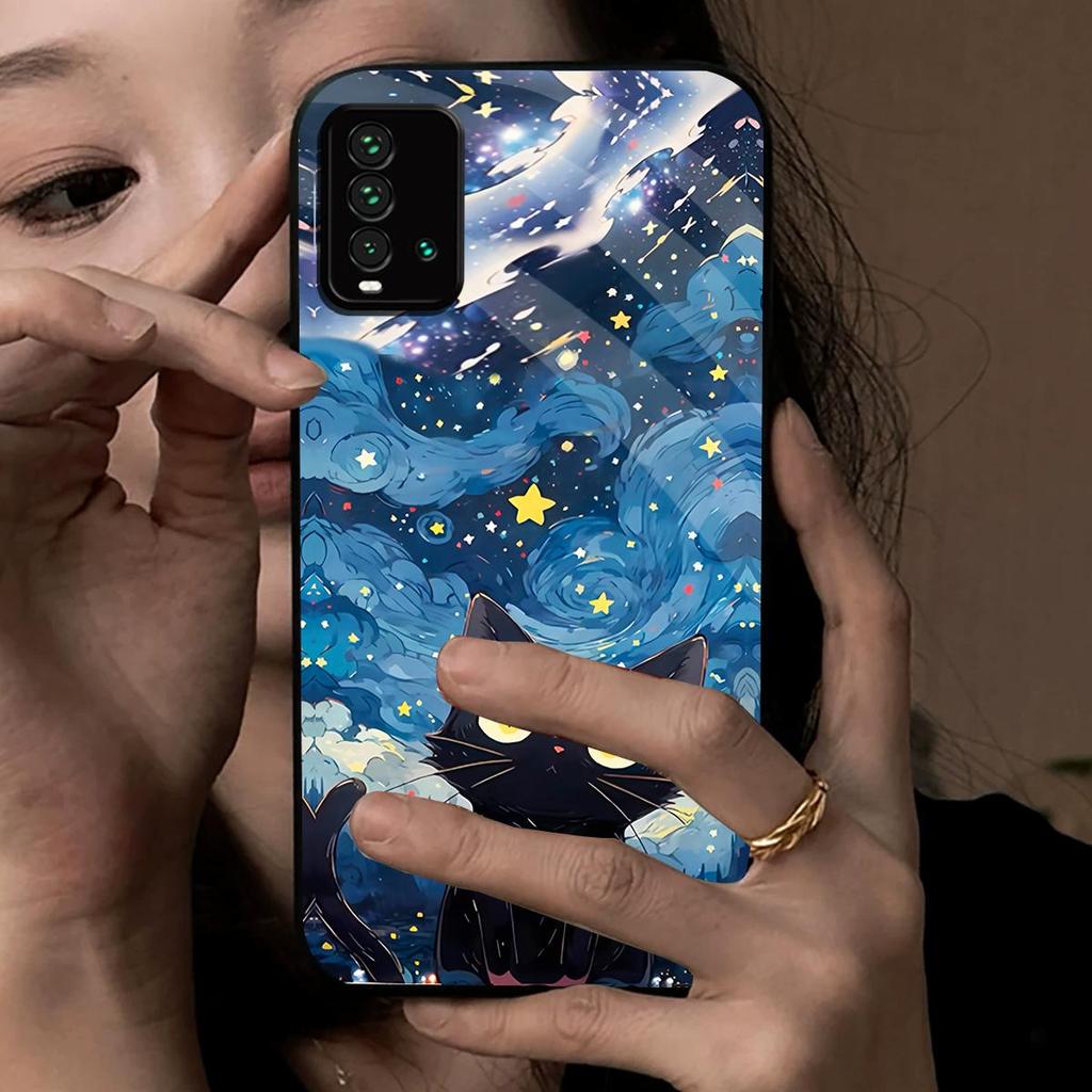 Case for Xiaomi Redmi 9T Anime Black Cat Starry Cloud Print Phone Cover Acrylic Hard Back Shell With Flexible TPU Edge