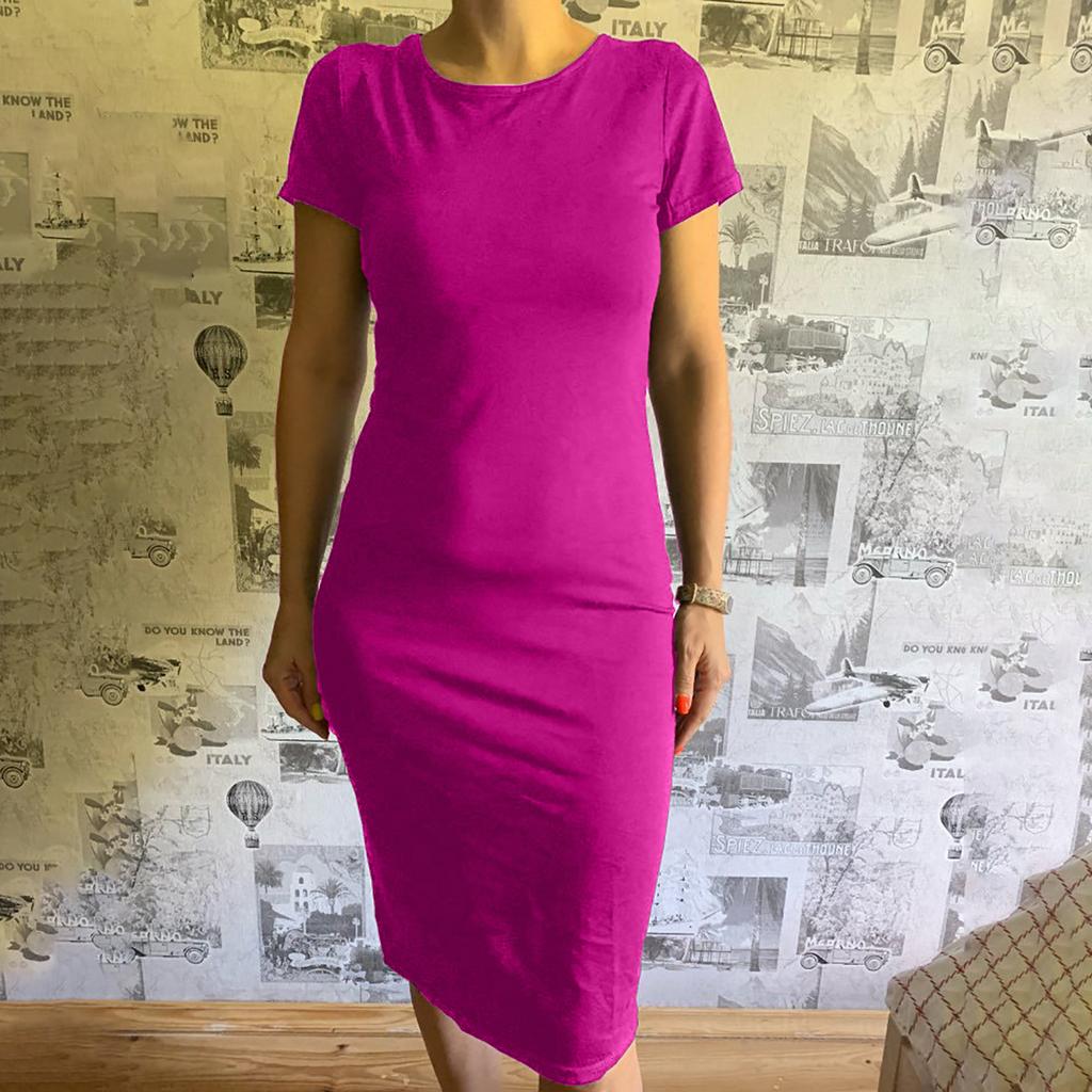 Women's Fashion Sexy  Solid Color Bag Hip Elasticity Short-sleeve Dress
