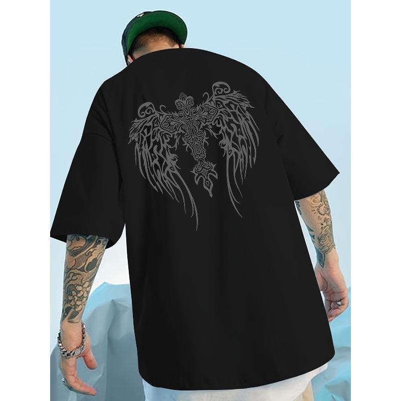 Fashion Men's Back Totem Graphic T-Shirt with Slogan - Stylish Crew Neck Short Sleeve Loose Fit T-Shirt , PLUS SIZE