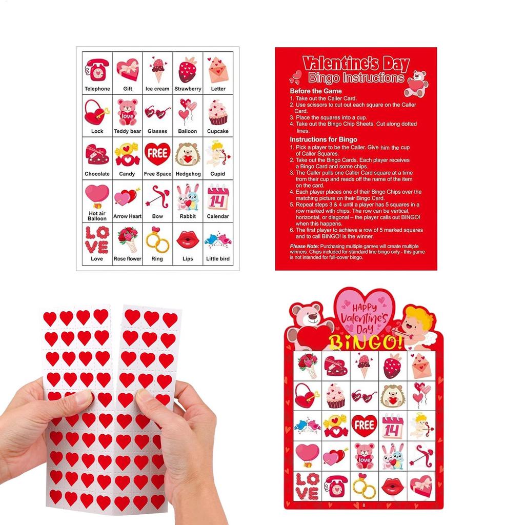 38Pcs Valentines Day Bingo Game Cards for 24 Players Festive Holiday Family Game Set Board Game Girls Wedding Party Decoration