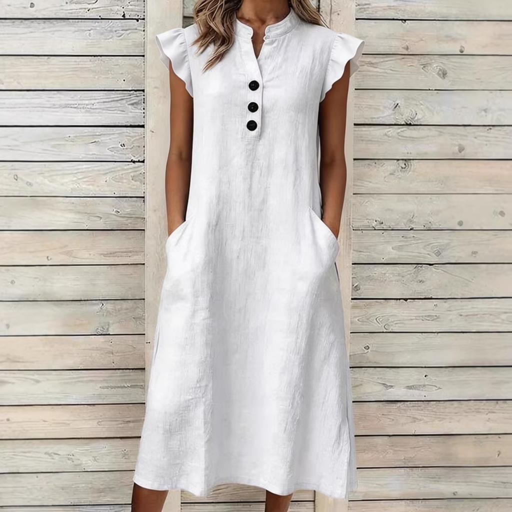 Women V Neck Dress with Petal Sleeves Three Button Front Design and Side Pockets Casual Loose Fit Midi Dress for Everyday Wear