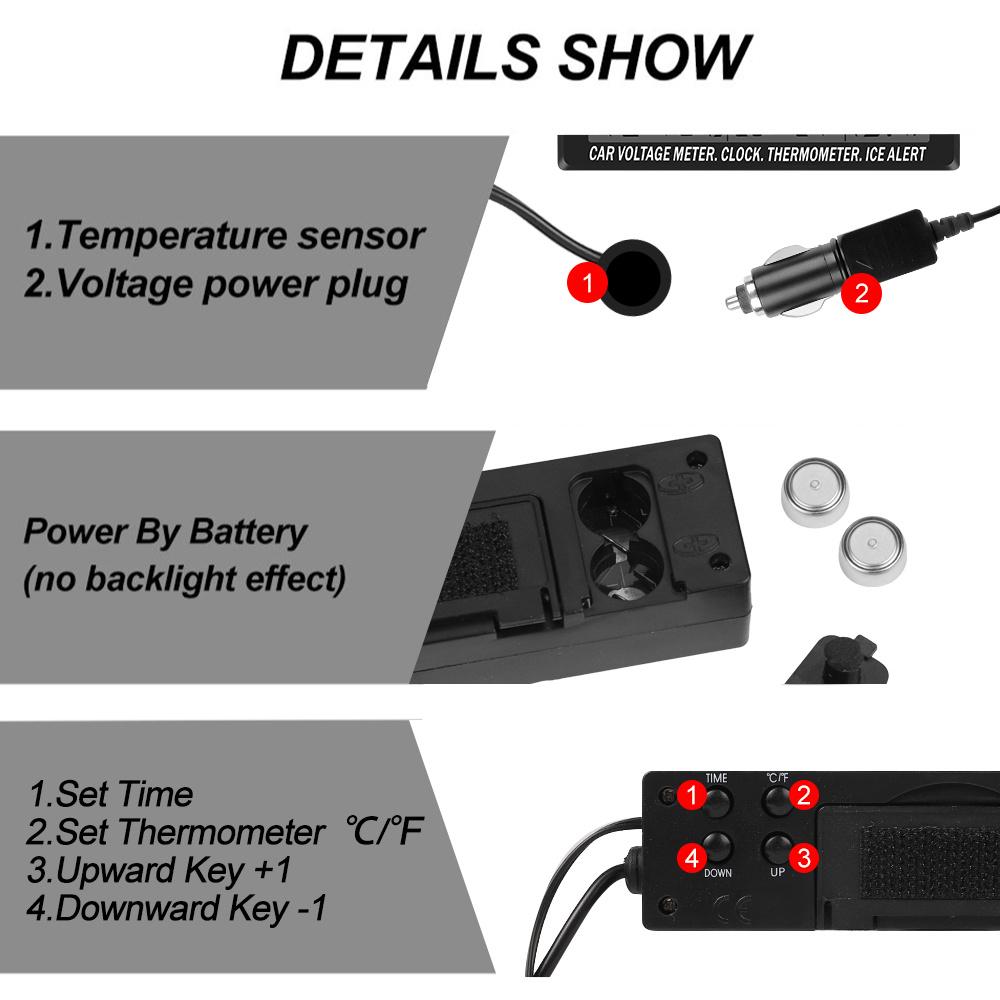 12-24V Car 3 In 1 Digital Inner & Outer Thermometer Display Car Battery Voltmeter & LCD Clock with Temperature Sensor Backlight