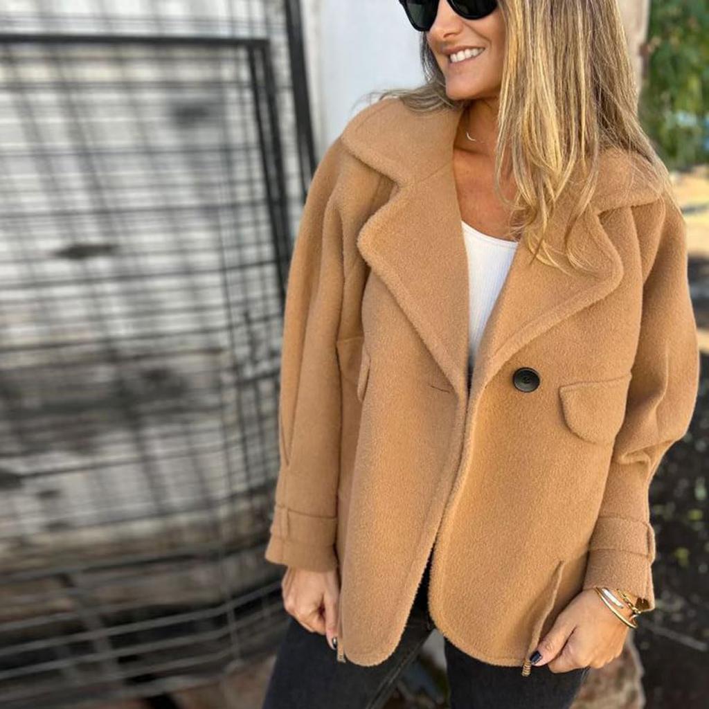 Women's Fashionable Solid Color Long Sleeved Casual Lapel Button Down Woolen Coat