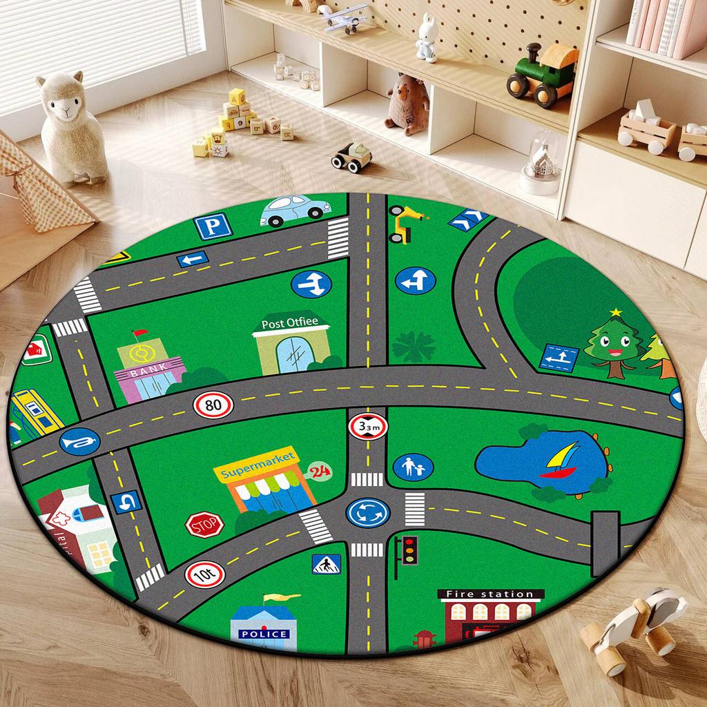 Children Round Carpet Living Room Cute Home Decoration Washable Road Play Rug Bedroom Bedside Antiskid Baby Crawling Mat Floor