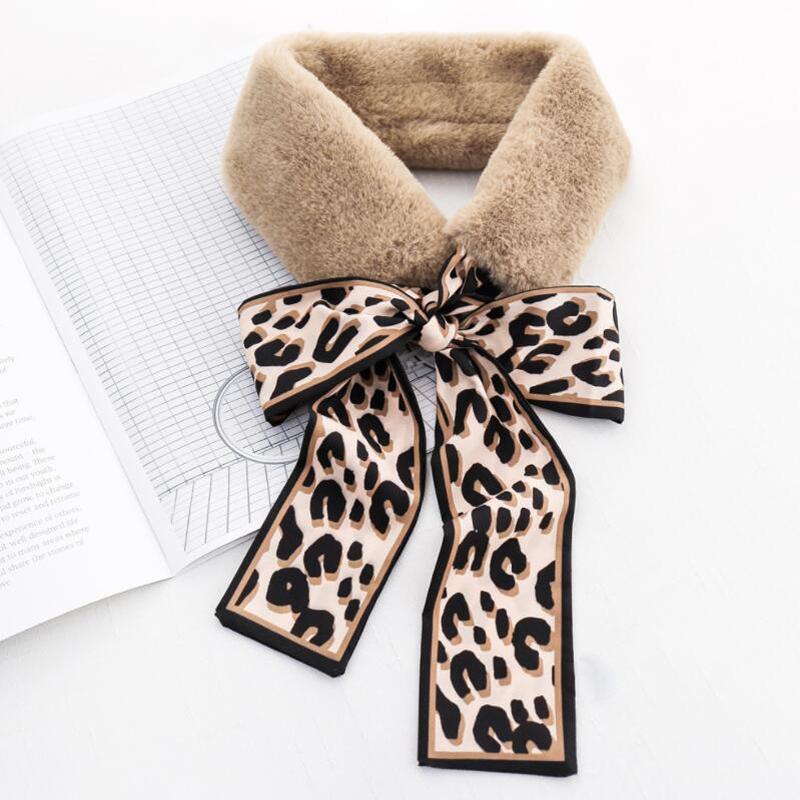 Women Ribbon Winter Plush Leopard Fur Collar Ribbon Scarf Warm Scarf