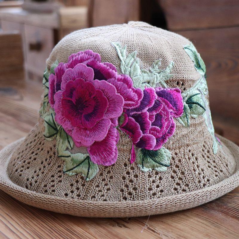 Vår og sommer etnisk vind broderi blomst sammenleggbar hatt dame strikkelue sandbøttehatt