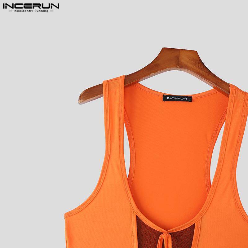 INCERUN Men Sleeveless Deep U Neck Mesh Patchwork Bodysuits Jumpsuits Rompers