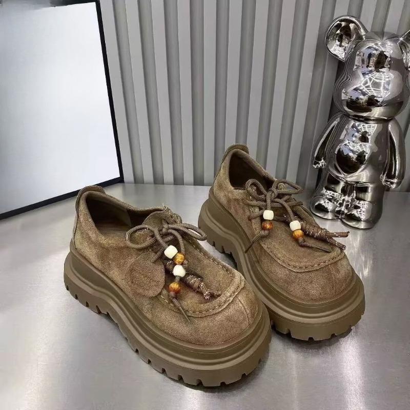 Fashion Platform Single Shoes Autumn New Suede Round Toe Lace-Up Front Non-Slip Wear-Resistant Mid-Heel Low-Top Shoes