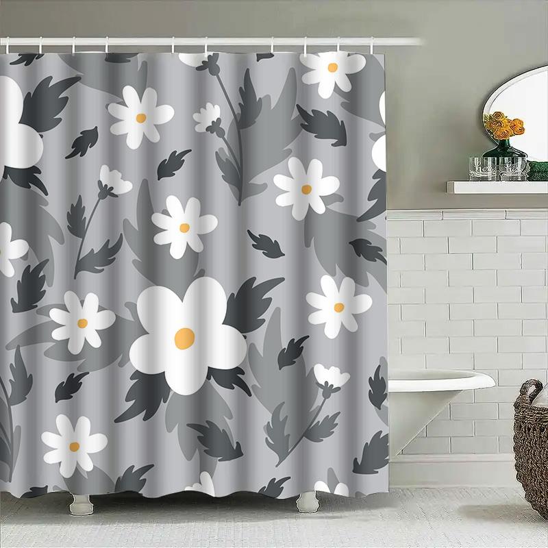 Juego de Cortina de Ducha de Flores Blancas Modernas para Decoración de Baño Tejido Impermeable Alfombrilla de Baño Revestimiento con Anillas de Gancho en Varios Tamaños