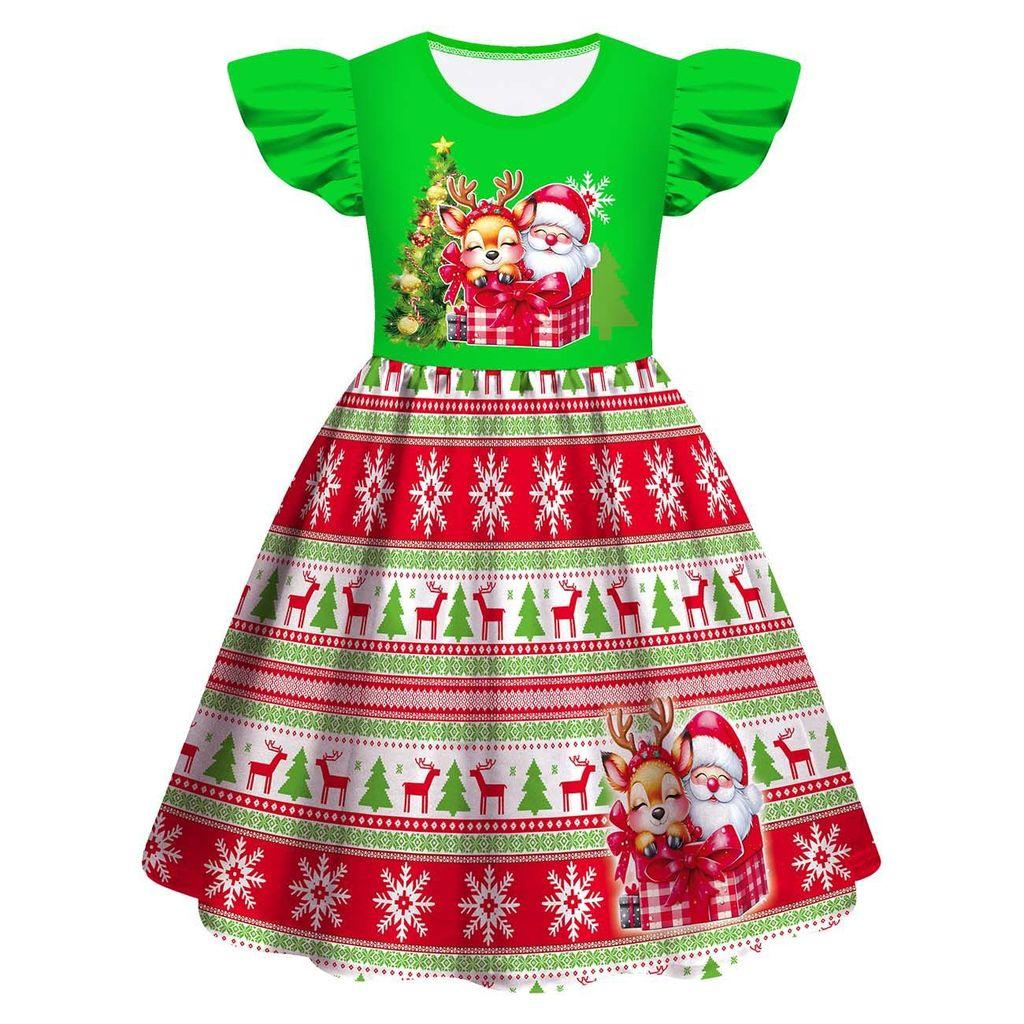 Kids Girls Cartoon Santa Claus Christmas Tree Elk Print Ruffle Sleevess New Year Dress
